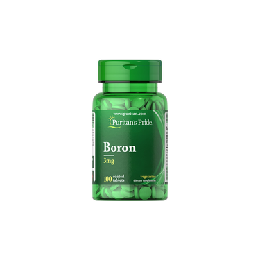 The green bottle of Puritan's Pride Boron 3 mg, containing 100 coated tablets, features a label that highlights them as vegetarian dietary supplements supporting bone health with citrate and aspartate for enhanced absorption.